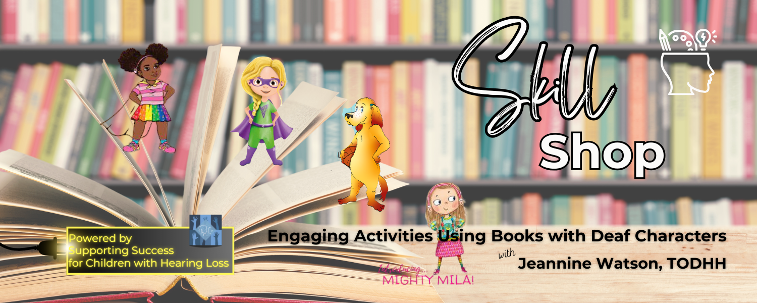Text and images of characters against a library book background