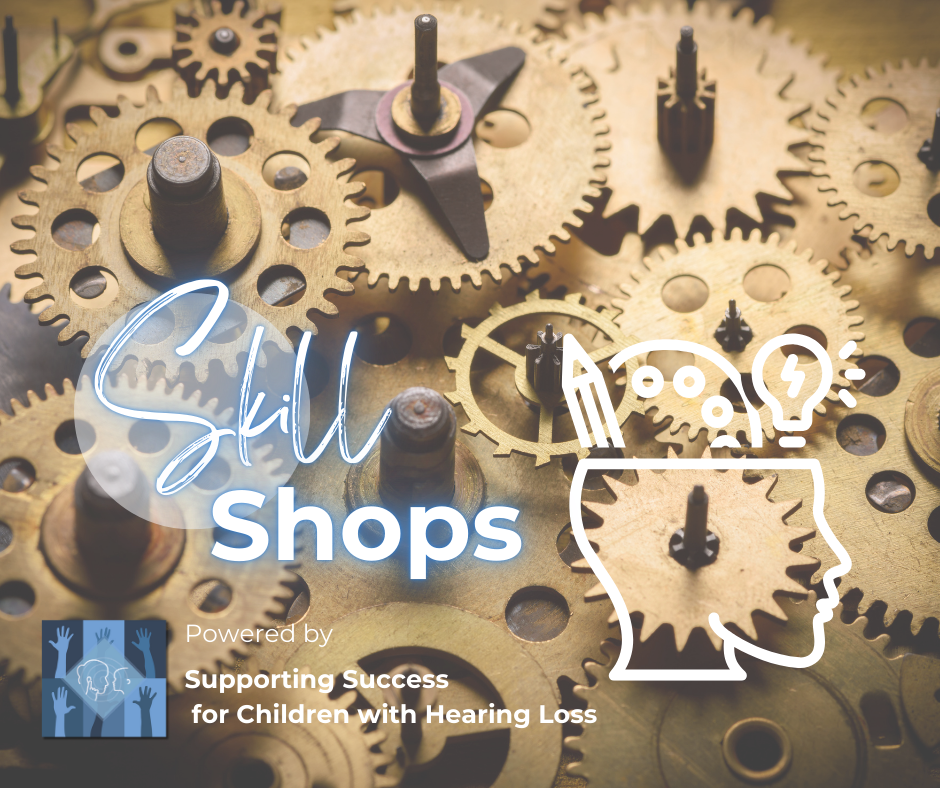 cogs in a machine background with Skill Shops text written in and an idea icon with supporting success logo underneath